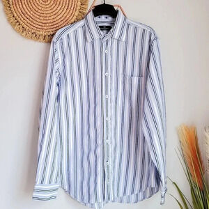Bugatchi, Men's Blue White Stripe Long Sleeve Button Front Shirt, Size Large